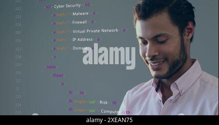 Image of multicolored computer language over smiling biracial man working on laptop Stock Photo