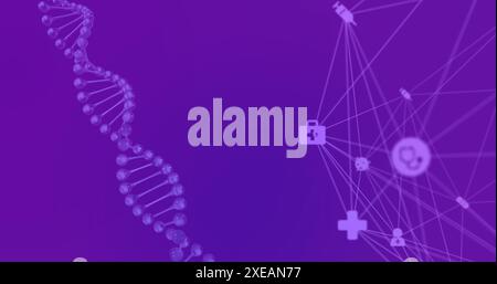 Image of rotating dna helix and connected dots forming globe over abstract background Stock Photo