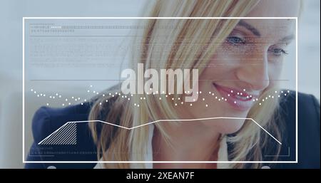 Image of graphs and loading bars over close up of beautiful caucasian woman Stock Photo