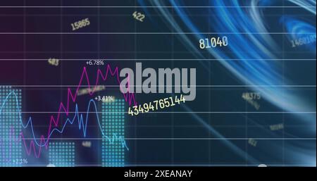Image of changing numbers against neon round scanner and statistical data processing Stock Photo