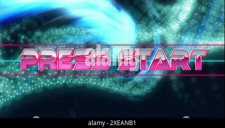 Image of press start text between lines over dynamic wave patterns against abstract background Stock Photo