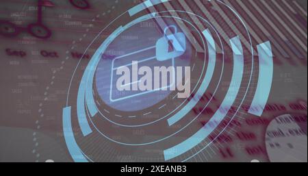 Image of security padlock icon over round scanner against statistical data processing Stock Photo