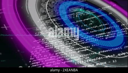 Image of neon round scanner spinning over data processing against black background Stock Photo