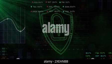 Image of statistical, stock market data processing, security padlock icon and green light spot Stock Photo