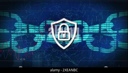 Image of security padlock, chain icon, network of connections and statistical data processing Stock Photo