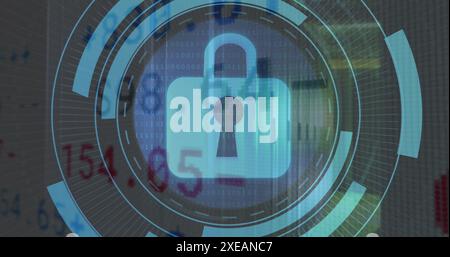 Image of security padlock icon on round scanner, stock market data processing over server room Stock Photo