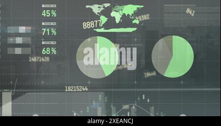 Image of changing numbers with infographic interface over modern city against sky Stock Photo