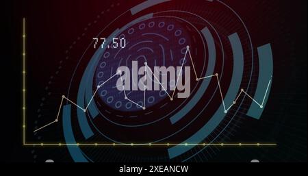 Image of graph with changing numbers and fingerprint in loading circles over black background Stock Photo