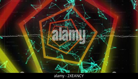 Image of looping hexagons forming tunnel over connected dots against abstract background Stock Photo