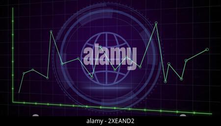 Image of graphs, globe, cyber security text and shield in loading circles over black background Stock Photo
