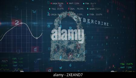 Image of security padlock and cloud icon against cyber security and statistical data processing Stock Photo