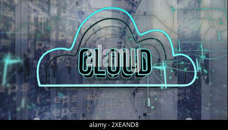 Image of cloud text in cloud and computer language over data server room Stock Photo