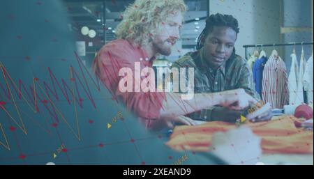 Image of statistical data processing against two male fashion designers discussing at the studio Stock Photo