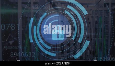 Image of security padlock icon over round scanner and changing numbers against server room Stock Photo