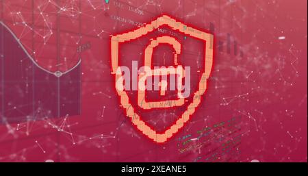Image of security padlock icon and network of connections against statistical data processing Stock Photo