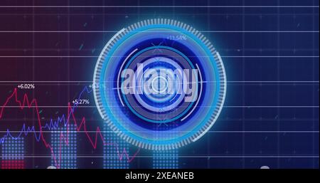 Image of neon round scanner spinning over statistical data processing on purple background Stock Photo