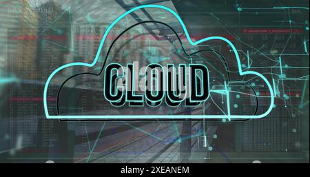 Image of cloud text in cloud and connected dots over modern buildings Stock Photo