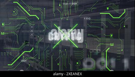 Image of circuit board pattern, binary codes and crypto text over server room Stock Photo