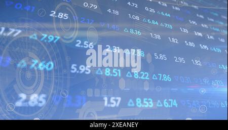 Image of trading board with loading circles and hexagons against blue background Stock Photo