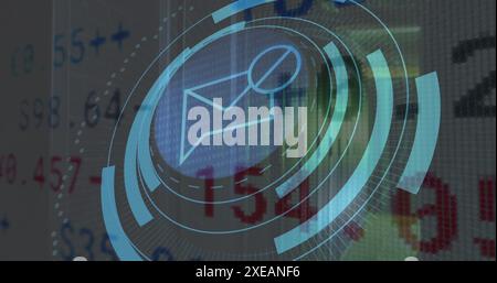 Image of message block icon on round scanner, stock market data processing against server room Stock Photo