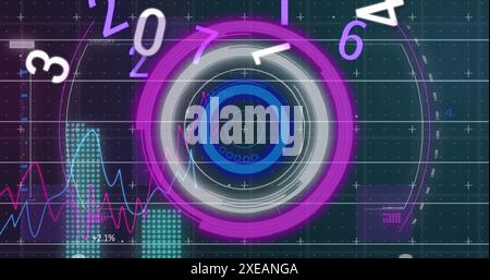 Image of changing numbers against neon round scanner and statistical data processing Stock Photo