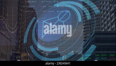 Image of envelope in loading circles, graphs and trading boards over modern city against sky Stock Photo
