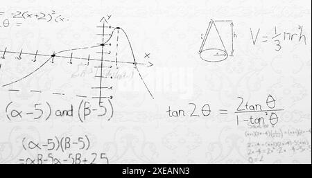 Digital image of mathematical equations and formulas floating against white background Stock Photo