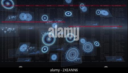 Multiple round scanners and screens with data processing against black background, digital image Stock Photo
