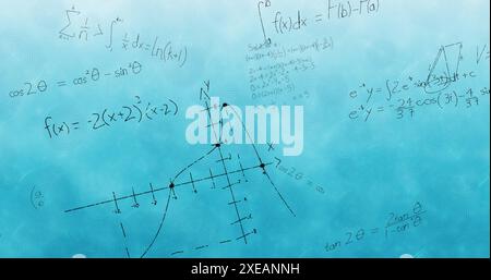 Digital image of mathematical equations and formulas floating against blue background Stock Photo