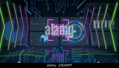 Image of qr code and computer circuit board over data processing on black background Stock Photo