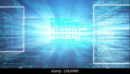 Image of data processing and light over blue background Stock Photo