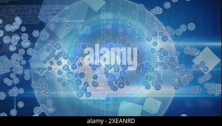 Image of financial data processing and falling icons over dark background Stock Photo