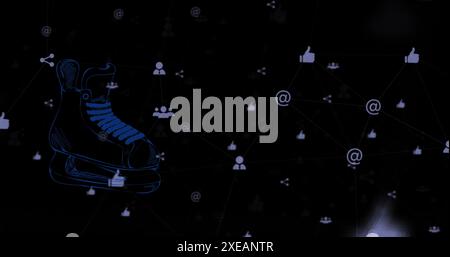 Image of icons and ice skating shoe floating on black background Stock Photo