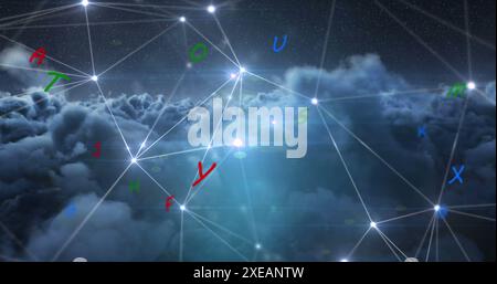 Image of network of connections and letters on sky with clouds Stock Photo