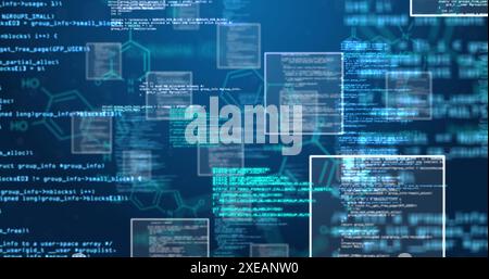 Image of data processing over hexagons and blue background Stock Photo