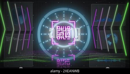 Image of qr code and scope scanning over neon lines on black background Stock Photo