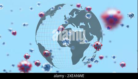 Image of virus cells floating over globe in blue background Stock Photo