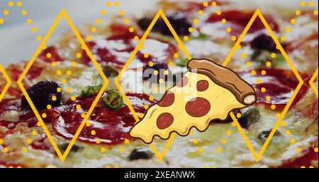 Image of pizza slice illustration over pizza Stock Photo