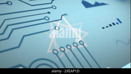Image of triangles rotating over integrated circuit on blue background Stock Photo