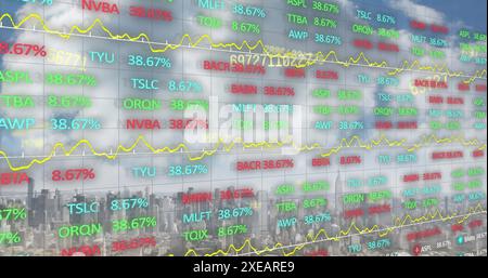Image of moving financial data processing over cityscape Stock Photo
