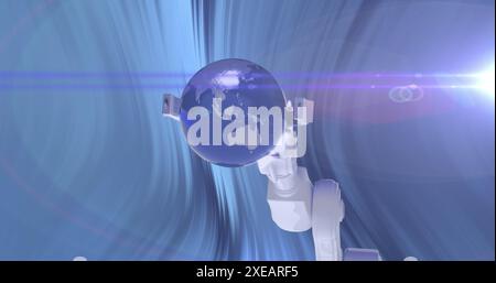 Image of light trails over robotic hand with globe on blue background Stock Photo