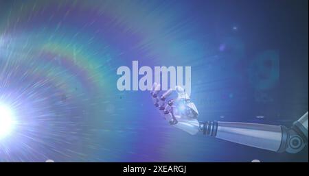 Image of light trails over mathematical equations and robotic hand on blue background Stock Photo