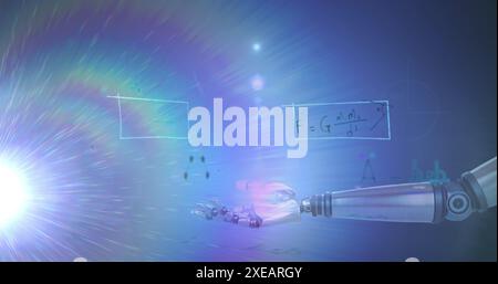 Image of light trails over mathematical equations and robotic hand on blue background Stock Photo