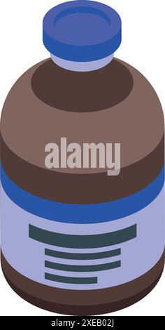 Medical glass vial with blue cap containing brown liquid isometric illustration on white background Stock Vector