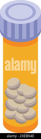 Orange plastic pill bottle holding a stack of white pills shown in an isometric view Stock Vector