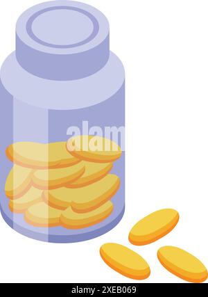 Glass pill bottle laying on its side with pills spilling out of the open bottle Stock Vector