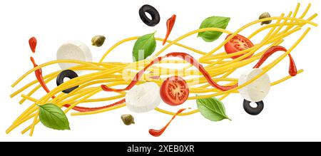 Falling spaghetti with tomato sauce, mozzarella and basil isolated on white background Stock Photo