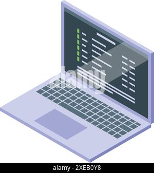 Laptop showing programming code on screen, isometric view Stock Vector
