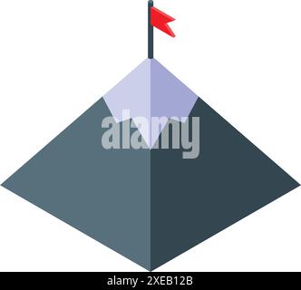 Isometric mountain peak with red flag representing achieving business goals Stock Vector