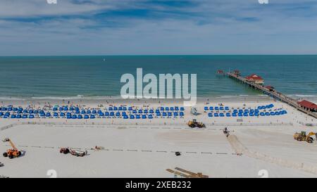 Drone Soars Over Clearwater Beach Oasis: Aerial Views of Resort Luxury, Coastal Charm, and Gulf Adventures in Florida's Premier Stock Photo